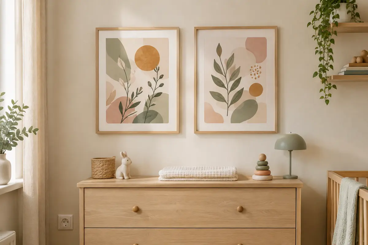 Deux affiches encadrées et coordonnées sur un mur de chambre de bébé, dans des tons doux et naturels.