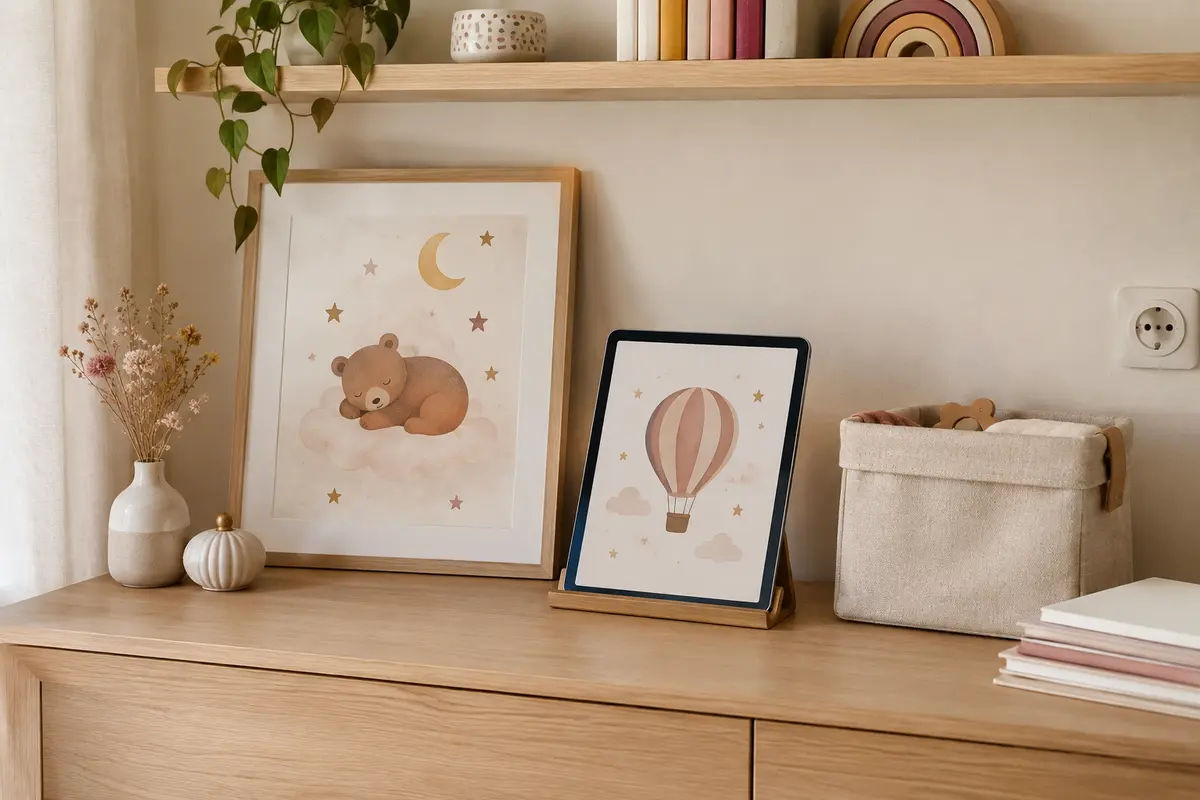 Affiche encadrée et tablette illustrée posées près d’une pochette de rangement dans un intérieur lumineux