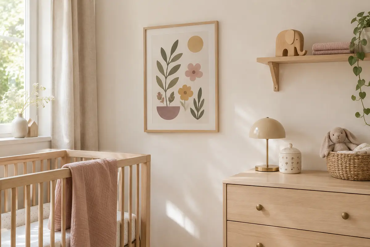 Affiche encadrée à l’illustration douce dans un coin de chambre de bébé sobre et lumineux