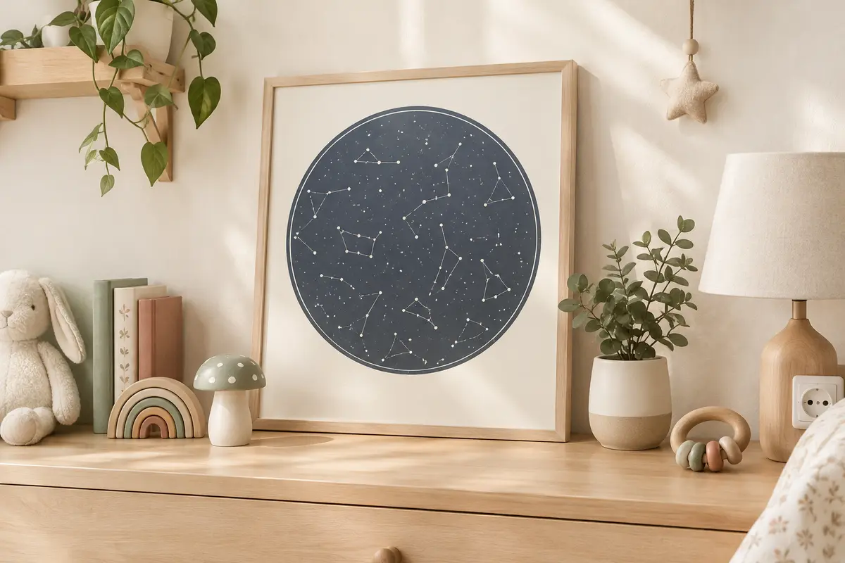 Affiche encadrée de constellations dans une chambre de bébé aux tons doux et naturels
