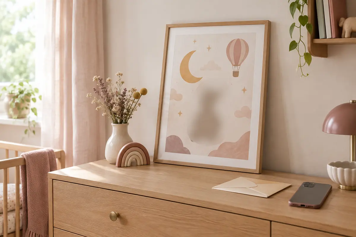 Affiche de naissance encadrée sur une commode, avec portrait indistinct et téléphone retourné