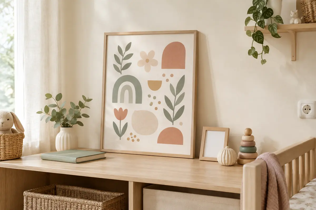 Affiche encadrée aux formes typographiques abstraites dans une chambre de bébé aux tons doux