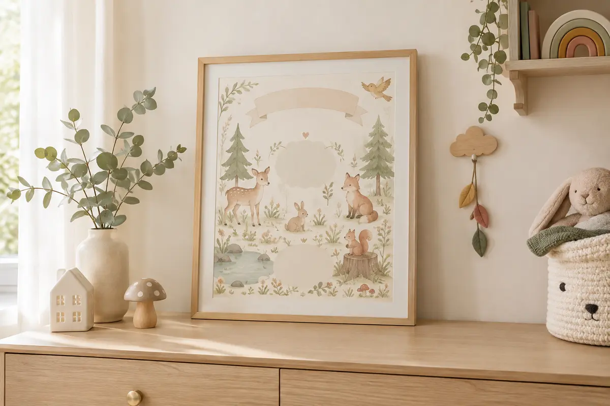 Affiche de naissance illustrée encadrée, posée dans une chambre de bébé aux tons doux et naturels.