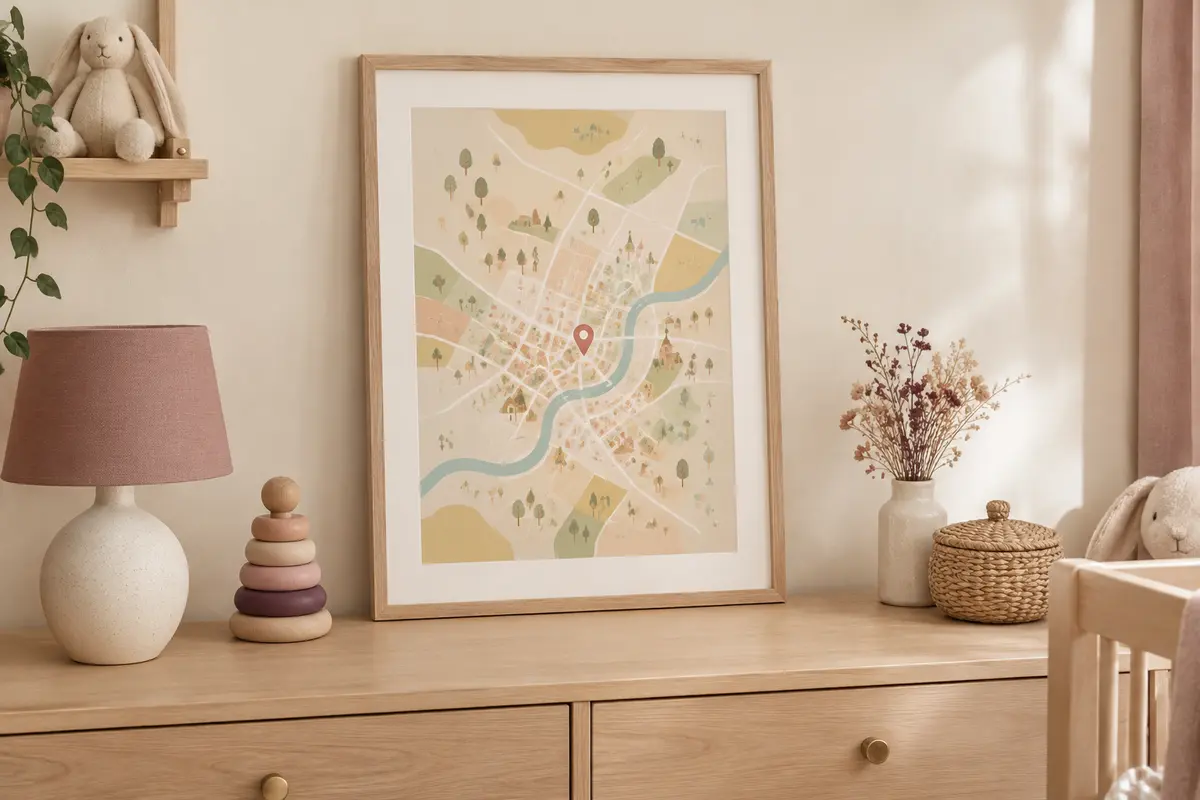Affiche souvenir encadrée avec une carte stylisée et un repère géographique discret dans une chambre de bébé.