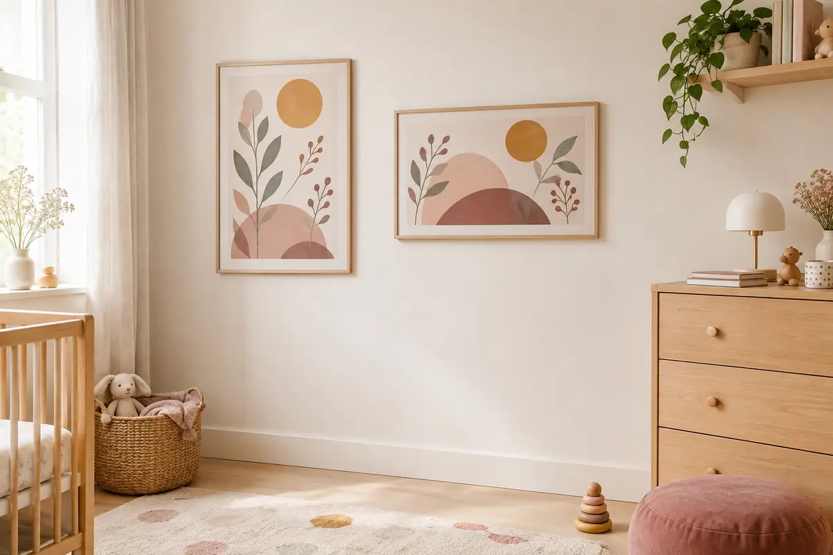 Deux cadres décoratifs, l’un vertical et l’autre horizontal, sur un mur de chambre de bébé