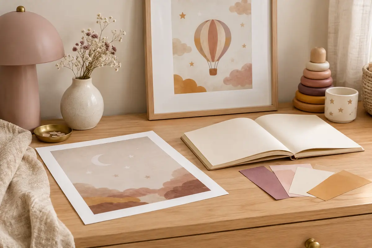 Tirage photo posé près d’un cadre et d’échantillons de papier pour préparer une affiche de naissance.