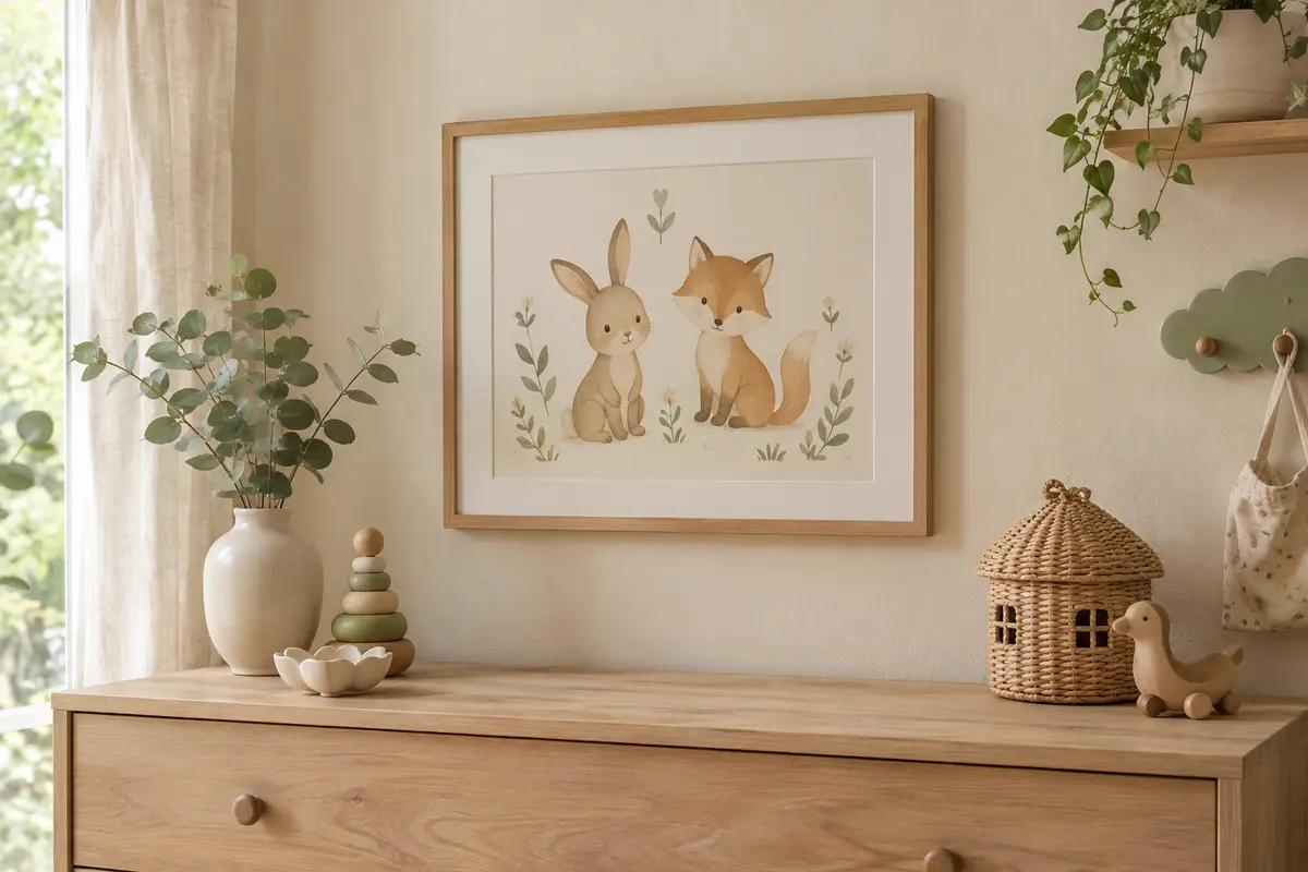 Affiche encadrée aux motifs doux dans une chambre de bébé, évoquant l’arrivée d’un nouveau membre dans la fratrie