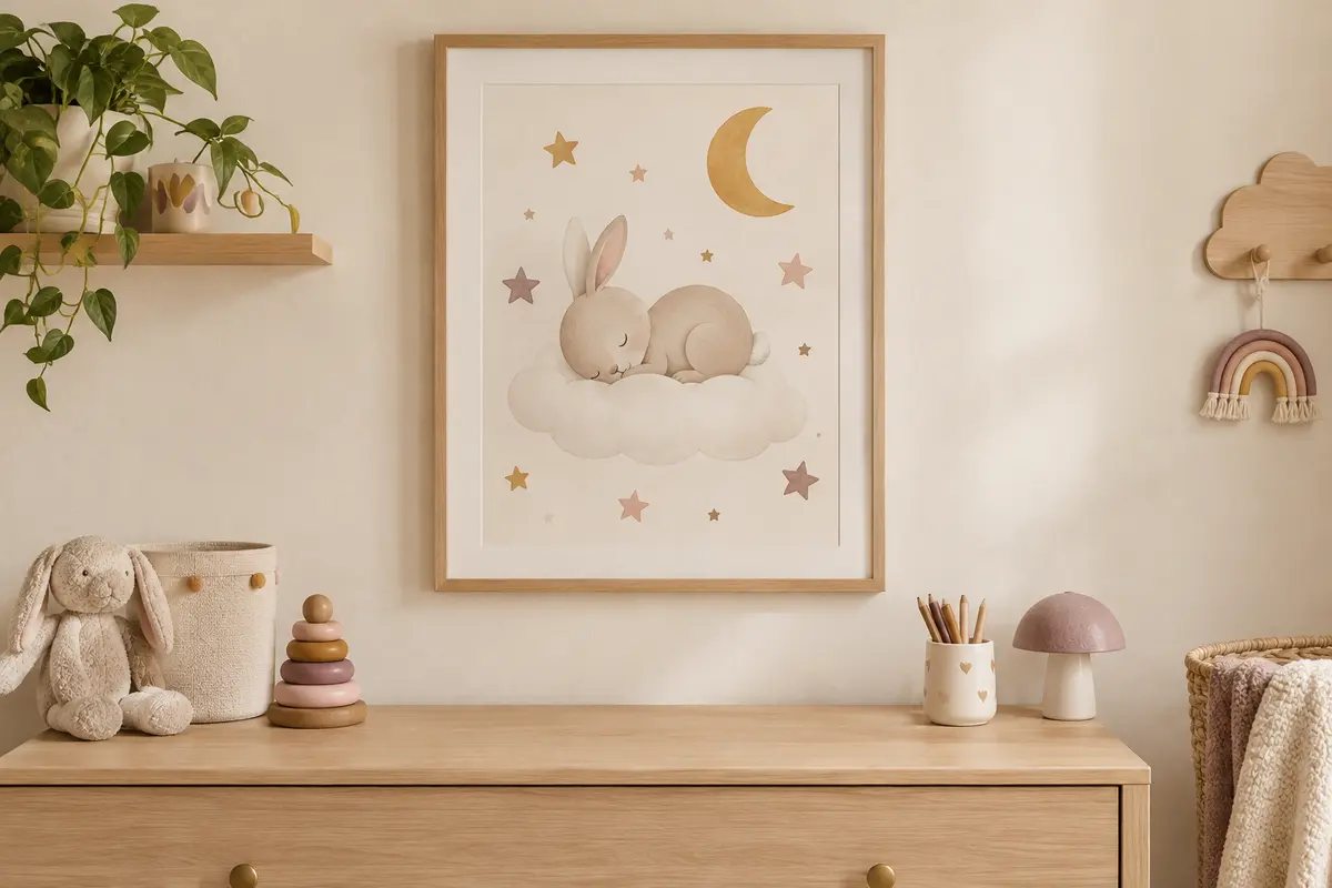 Affiche de naissance encadrée sur un mur clair, protégée du soleil direct dans une chambre douce