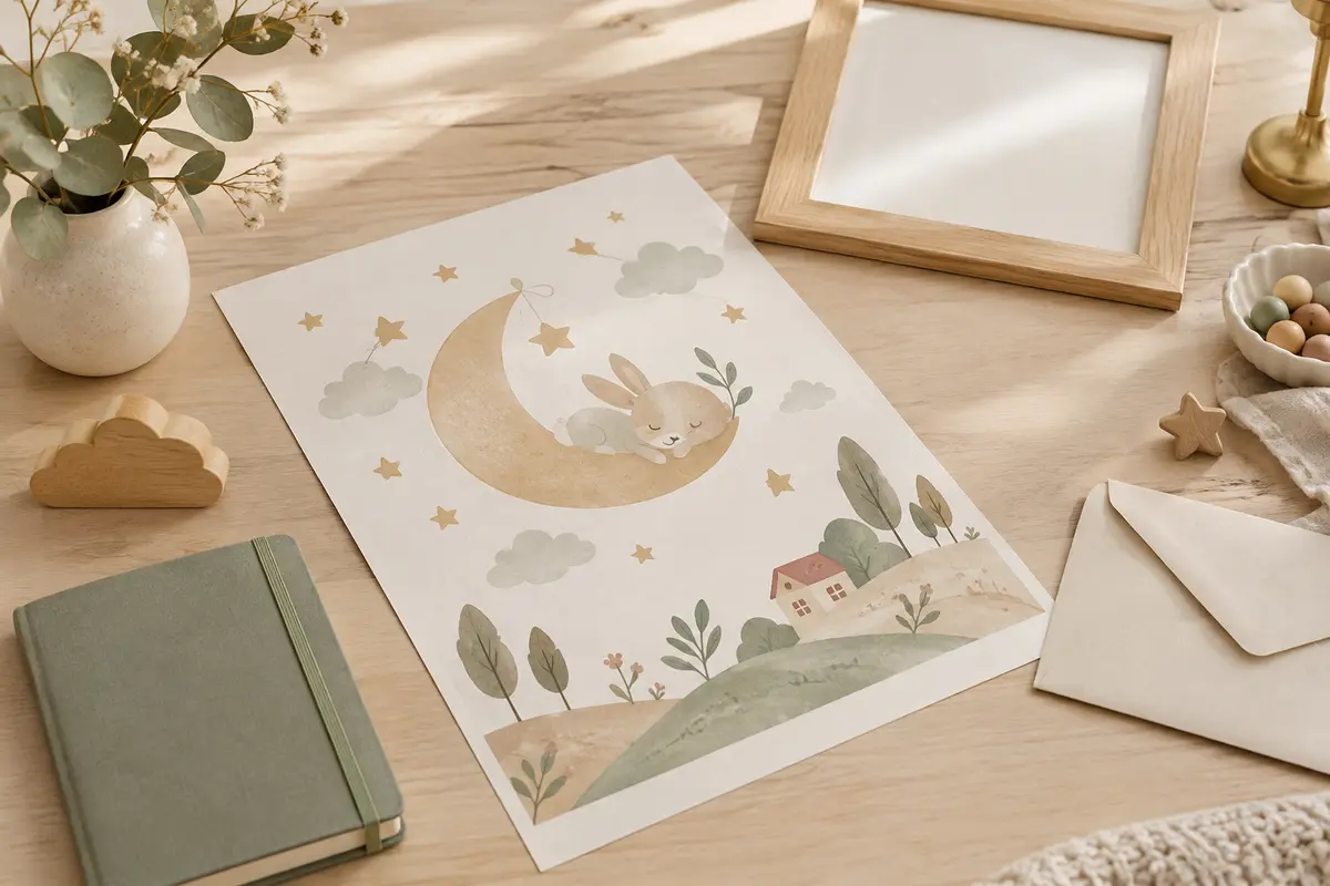 Affiche de naissance illustrée et cadre en bois préparés pour un cadeau personnalisé