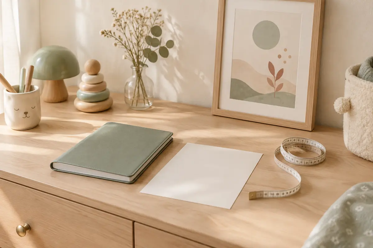 Carnet de santé fermé, feuille vierge et ruban de mesure posés dans une chambre de bébé lumineuse