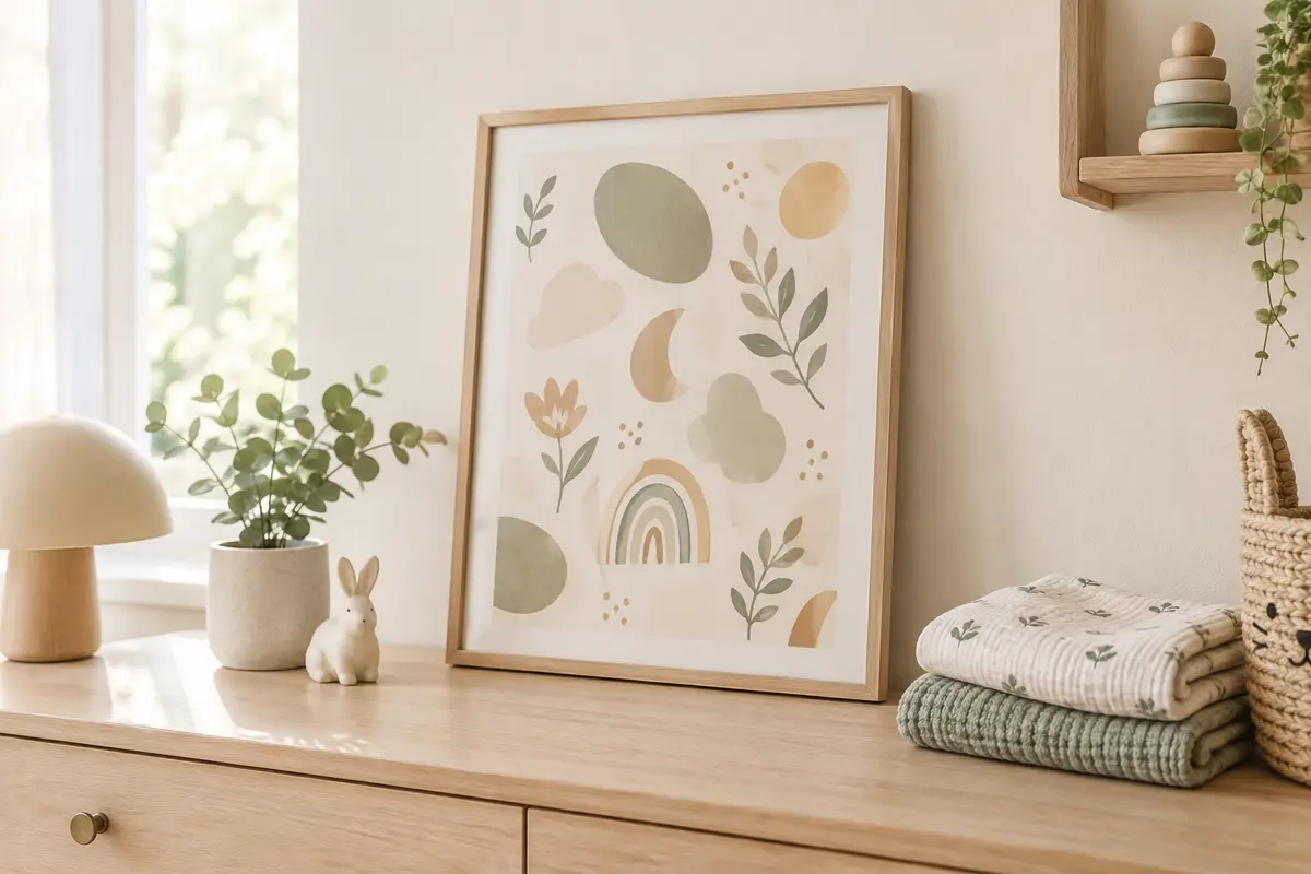 Affiche de naissance encadrée dans une chambre de bébé aux tons doux, avec une décoration sobre et lumineuse.