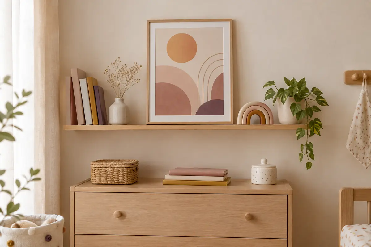 Affiche de naissance aux formes graphiques dans une chambre d’enfant aux couleurs douces et neutres.