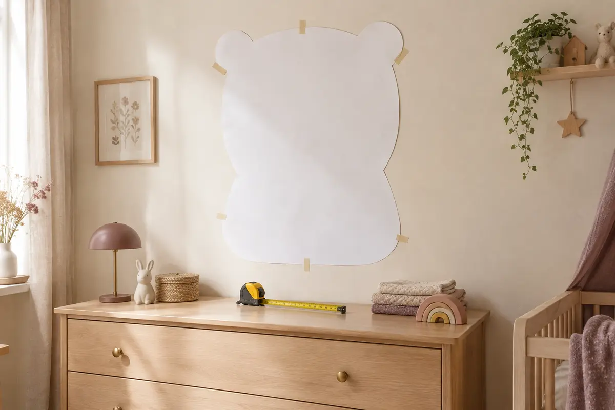 Gabarit en papier mesuré au-dessus d’une commode pour visualiser la taille d’une affiche de naissance.