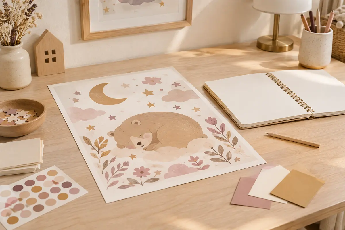 Maquette d’affiche de naissance et carnet réunis sur une table pour une relecture attentive.