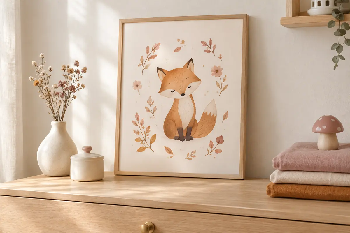 Affiche de naissance au motif renard, encadrée sur une commode en bois clair dans une chambre lumineuse