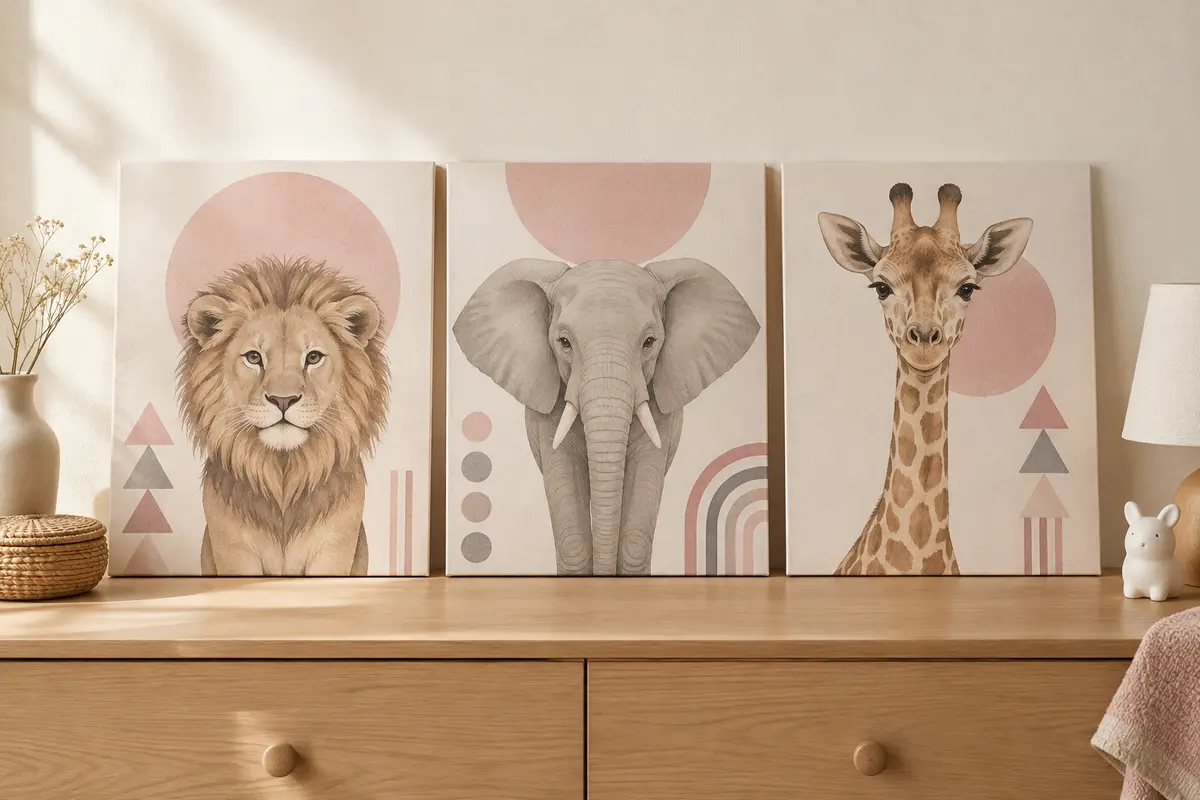 Trois affiches safari sur toile aux tons rose et gris, avec des animaux et des motifs géométriques.
