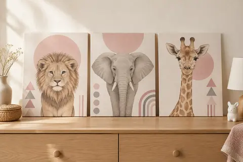 Trois affiches safari sur toile aux tons rose et gris, avec des animaux et des motifs géométriques.