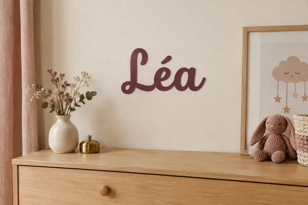 Lettrage prénom en vinyle sur un mur ivoire près d’une commode en bois clair