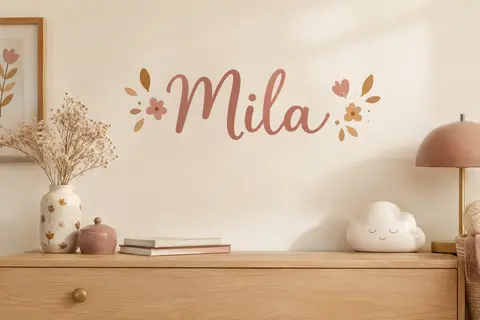 Sticker prénom personnalisé en vinyle posé sur un mur ivoire au-dessus d’une commode en bois clair