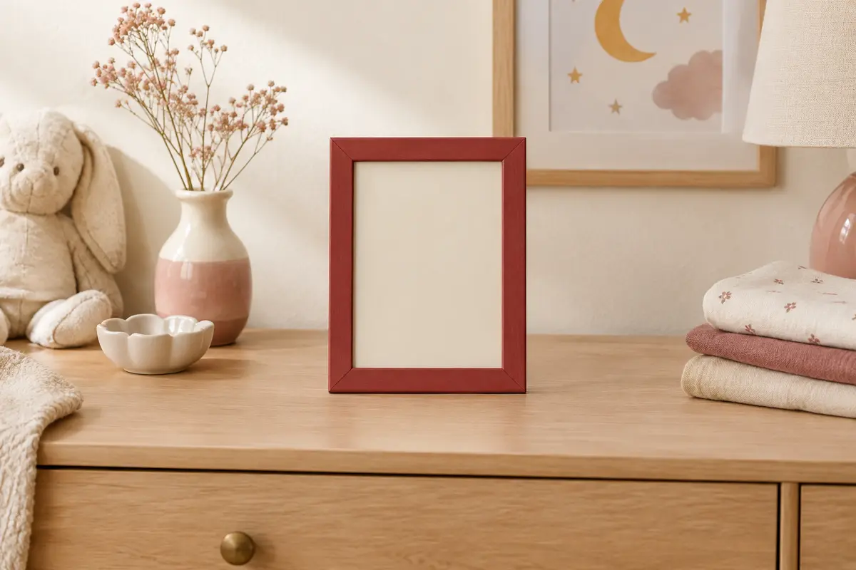 Cadre photo en bois rouge posé sur une commode claire dans une chambre de bébé