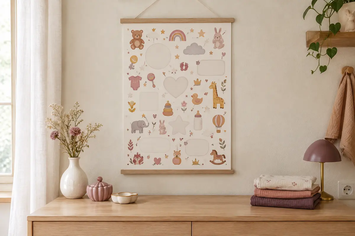 Affiche illustrée des étapes de bébé, maintenue par des baguettes en bois sur un mur ivoire.