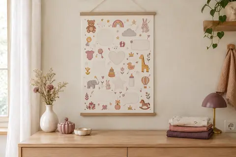 Affiche illustrée des étapes de bébé, maintenue par des baguettes en bois sur un mur ivoire.