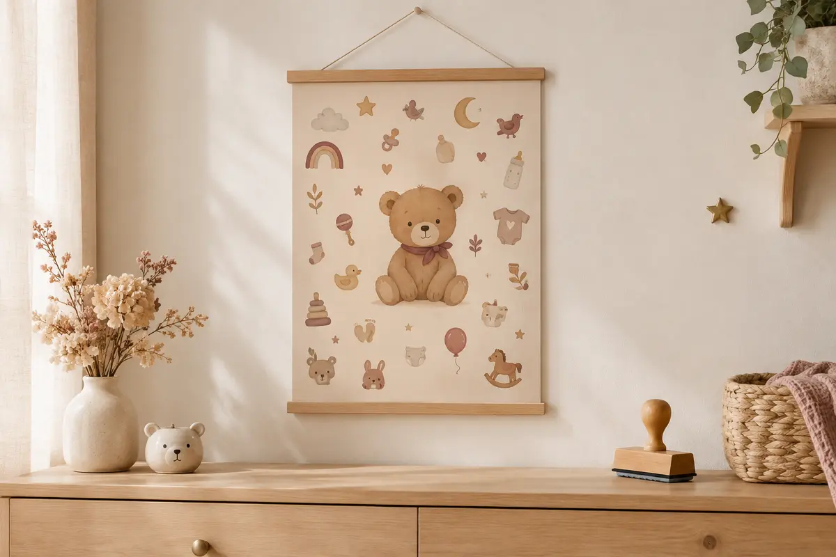 Affiche bébé ourson à tamponner, suspendue par des baguettes aimantées dans une chambre lumineuse.