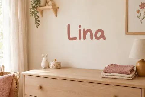 Sticker mural personnalisé en vinyle avec le prénom Lina posé sur un mur ivoire