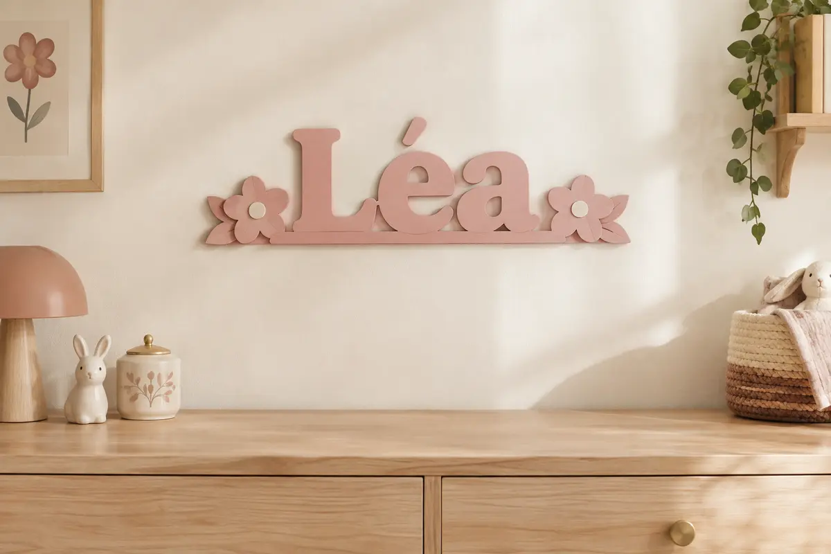 Prénom mural en bois rose présenté au-dessus d’une commode dans une chambre de bébé lumineuse