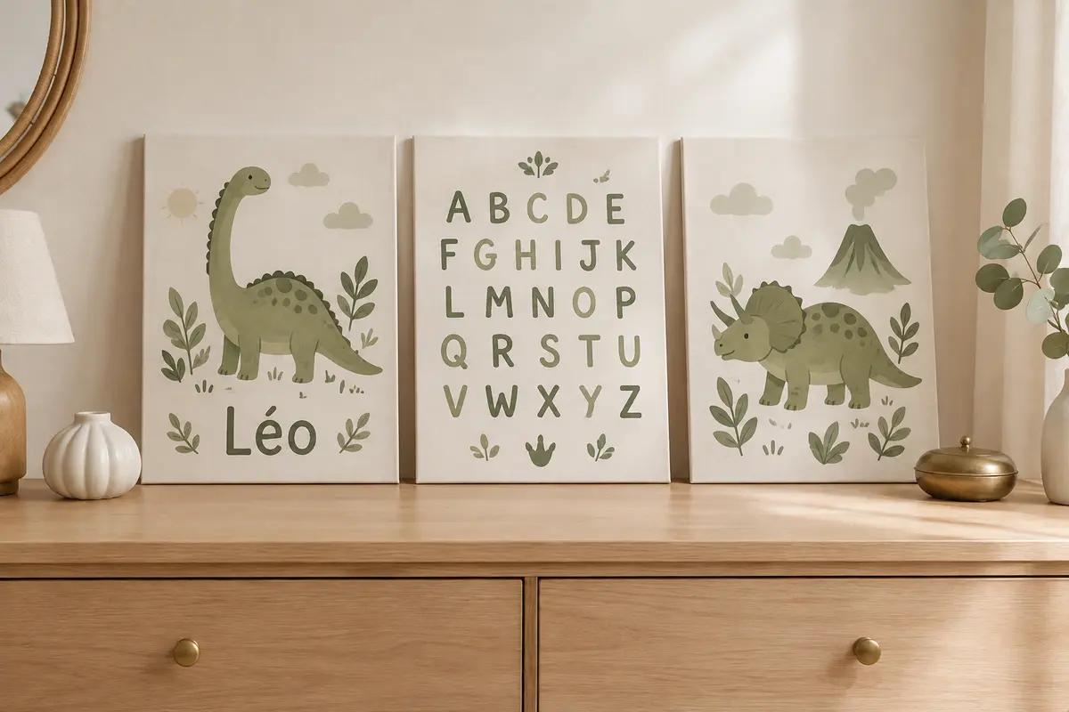 Trois affiches personnalisées à dinosaures et alphabet, posées sur une commode en bois clair.