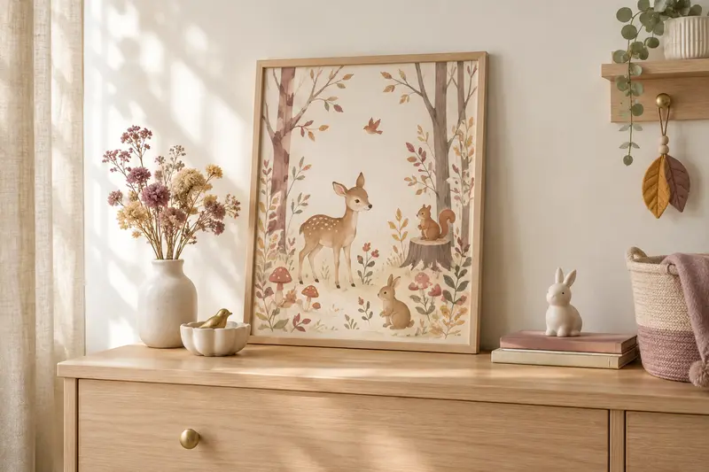Affiche illustrée et décoration douce pour aménager un coin de chambre de bébé