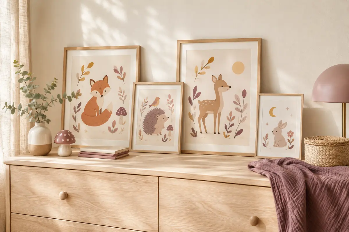 Affiches illustrées pour la chambre de bébé présentées dans un intérieur doux et lumineux